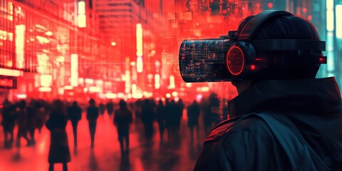 Fototapete - A person wearing a VR headset in a futuristic cityscape, surrounded by a digital atmosphere.
