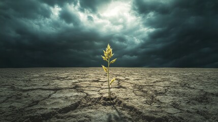 Poster - Dry barren field with a single stalk of withered wheat amidst dark stormy clouds and cracked earth under an ominous sky. Generative AI