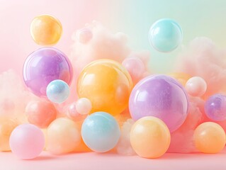 Poster - Colorful translucent spheres amidst soft pastel clouds create a whimsical, dreamy atmosphere.