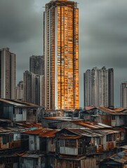 Aufkleber - Luxury skyscraper contrasts with rundown shacks in urban landscape, showcasing economic disparity and development. Generative AI