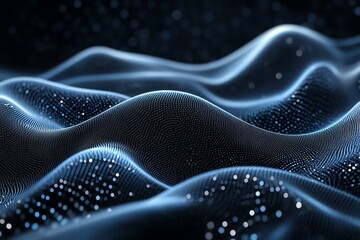 Poster - Abstract representation of flowing waves with glowing particles in a dark environment.