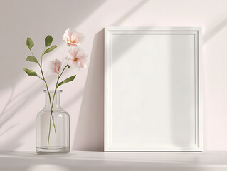 Wall Mural - 3D rendering, mockup of a square white frame with a logo on the wall in a minimalistic interior design, a vase and flower next to it, natural light