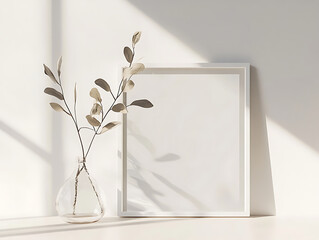 Wall Mural - 3D rendering, mockup of a square white frame with a logo on the wall in a minimalistic interior design, a vase and flower next to it, natural light