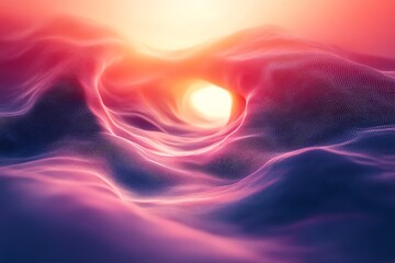 Poster - A surreal landscape with flowing, colorful waves and a glowing light in the background.
