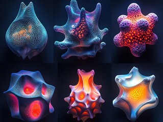 Poster - Abstract 3D shapes with vibrant colors and intricate patterns, resembling organic structures.