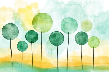 Poster - Colorful naive art style landscape featuring round green trees with a soft background and ample space for creative text placement. Generative AI