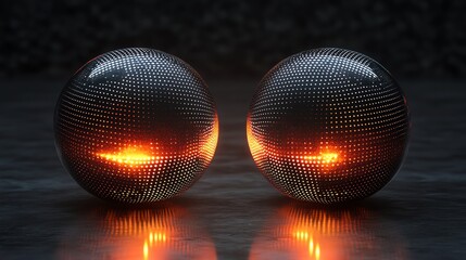 Poster - Two reflective spheres with glowing interiors on a dark surface.