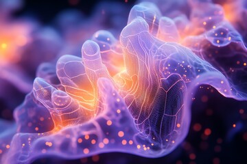 Aufkleber - Abstract representation of organic shapes with glowing elements, resembling cellular structures.