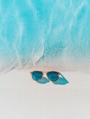 Poster - Refreshing summer vibes with stylish sunglasses on sandy beach and crystal clear water inviting relaxation and fun. Generative AI