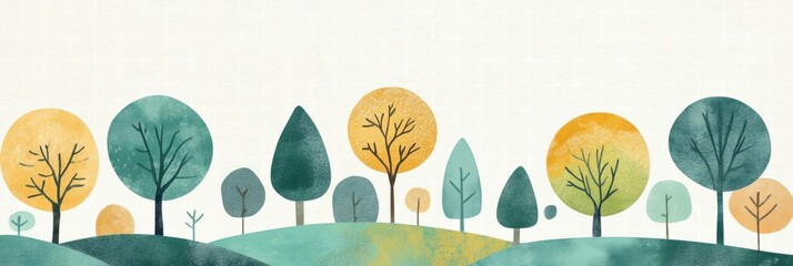 Poster - Naive art style background showcasing colorful trees and rolling hills with ample space for text and mock up design. Generative AI