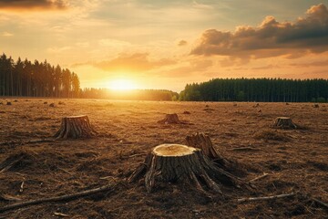 Poster - Deforested landscape with stumps under a sunset sky in a serene yet devastated environment. Generative AI