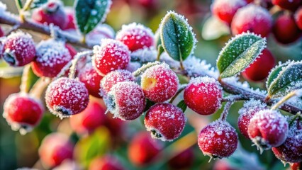 Wall Mural - Closeup of vibrant winter berries covered in frost, Winter, berries, closeup, frost, cold, red, seasonal, snow, icy, nature