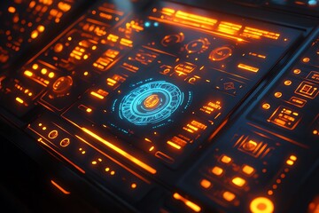 Fototapete - A futuristic control panel with glowing orange and blue displays and various digital interfaces.