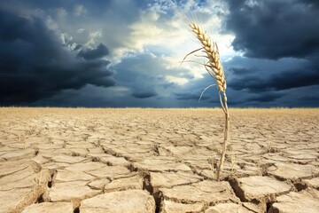 Poster - Withered wheat stalk in a dry barren field under a cloudy sky on an overcast day. Generative AI