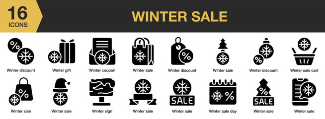 Wall Mural - Winter Sale solid icon set. Includes Christmas, Sale, Tree, Xmas, Decoration, Winter, and More. Solid icons vector collection.