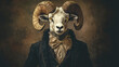 © Thiago - The anthropomorphic ram, a wild animal dressed in human attire, set against a realistic background, created with generative ai. Chimera. Illustration