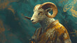 © Thiago - The anthropomorphic ram, a wild animal dressed in human attire, set against a realistic background, created with generative ai. Chimera. Illustration