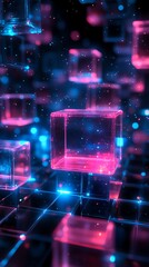 Poster - A vibrant, abstract scene of glowing cubes in pink and blue hues, creating a digital atmosphere.