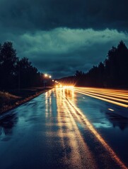 Poster - Bright car light streaks on a wet night road with open space for text. Generative AI