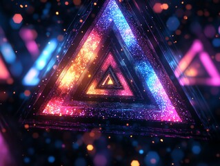 Aufkleber - A vibrant, abstract representation of glowing triangles in a cosmic setting.