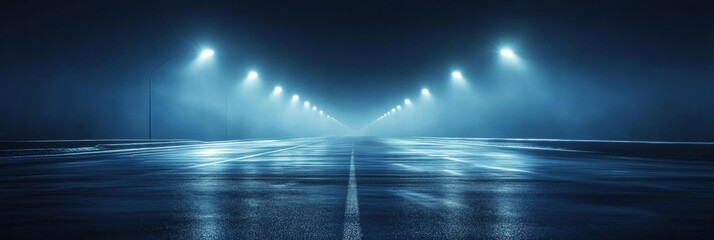 Poster - Bright streaks of car lights on a dark road with reflections during a foggy night. Generative AI