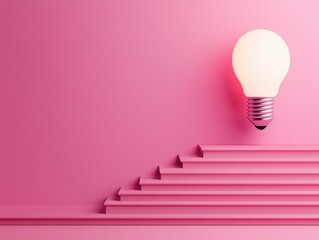 Poster - Pink staircase leading to bright lightbulb symbolizing creative growth