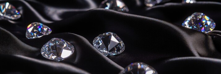 Aufkleber - Sparkling diamonds scattered on black silk fabric with empty space for text mock up. Generative AI