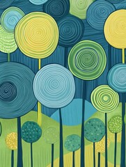 Aufkleber - Colorful naive art style background featuring whimsical trees and rolling hills for creative use. Generative AI