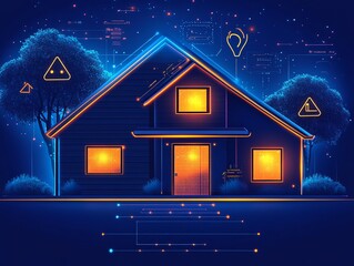 Poster - A futuristic house illuminated with neon lights and digital symbols, suggesting technology integration.