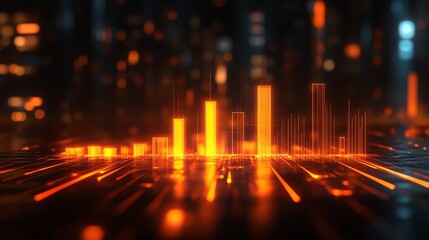 Fototapete - Abstract visualization of data with glowing orange bars and lines representing information flow.
