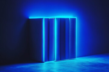 Poster - A sleek, illuminated structure with blue neon edges against a dark background.