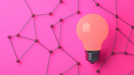 Poster - Orange lightbulb illuminating network on pink background: innovation and communication concept