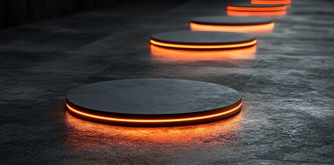 Aufkleber - A series of illuminated circular platforms on a textured surface.