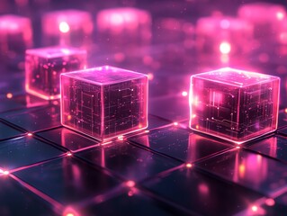Aufkleber - Abstract digital cubes with glowing effects, representing technology and data.