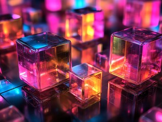 Aufkleber - Abstract composition of colorful transparent cubes reflecting light in a vibrant setting.