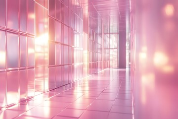 Poster - A serene hallway with pink reflective surfaces and soft lighting.