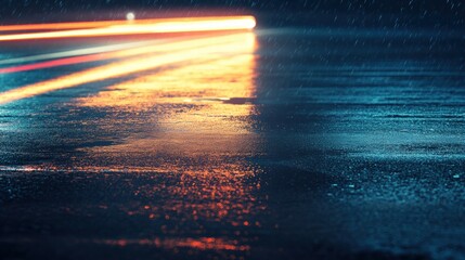 Poster - Bright car light streaks illuminate wet night road with ample space for text display and creative design elements. Generative AI