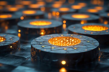 Aufkleber - A close-up view of illuminated circular structures creating a warm, inviting atmosphere.