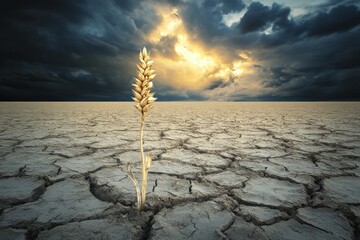 Poster - Dry barren field with a single stalk of withered wheat against a dramatic cloudy sky at dusk. Generative AI