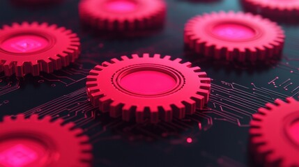 Poster - Red gears rotating on digital circuit board: technology concept