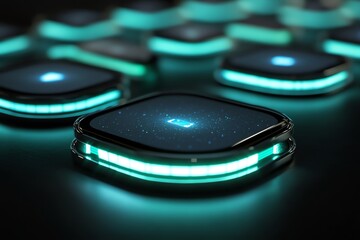 Poster - Futuristic glowing interface elements on a dark surface, suggesting technology and innovation.