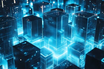 Poster - A futuristic cityscape with glowing blue and digital structures representing advanced technology.