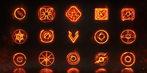 Poster - A collection of glowing, fiery symbols arranged in a grid pattern.