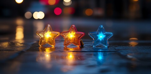 Poster - Three colorful star-shaped lights glowing on a wet surface with a blurred background.