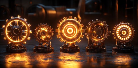 Aufkleber - A collection of glowing gears arranged in a row, showcasing industrial design and technology.