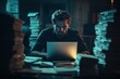 © HO - An overworked businessman sitting alone in a modern office at night, with the light of his laptop illuminating his exhausted face and stacks of files around him.