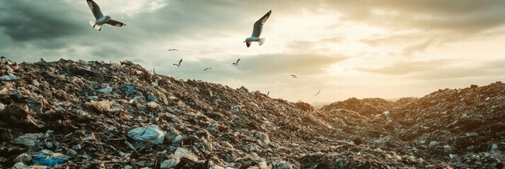 Poster - Seagulls soaring above a vast landfill under a cloudy sky during sunset. Generative AI