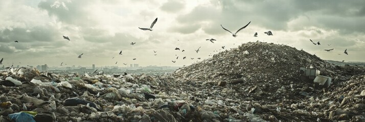 Poster - Seagulls soar high above a vast landfill filled with waste and debris under a cloudy sky. Generative AI