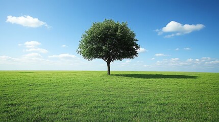 Aufkleber - A solitary tree stands on a grassy field under a clear blue sky with scattered clouds.