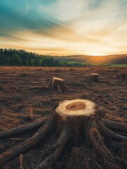 Poster - Deforested landscape with exposed tree stumps at sunset revealing environmental impact on natural habitat. Generative AI